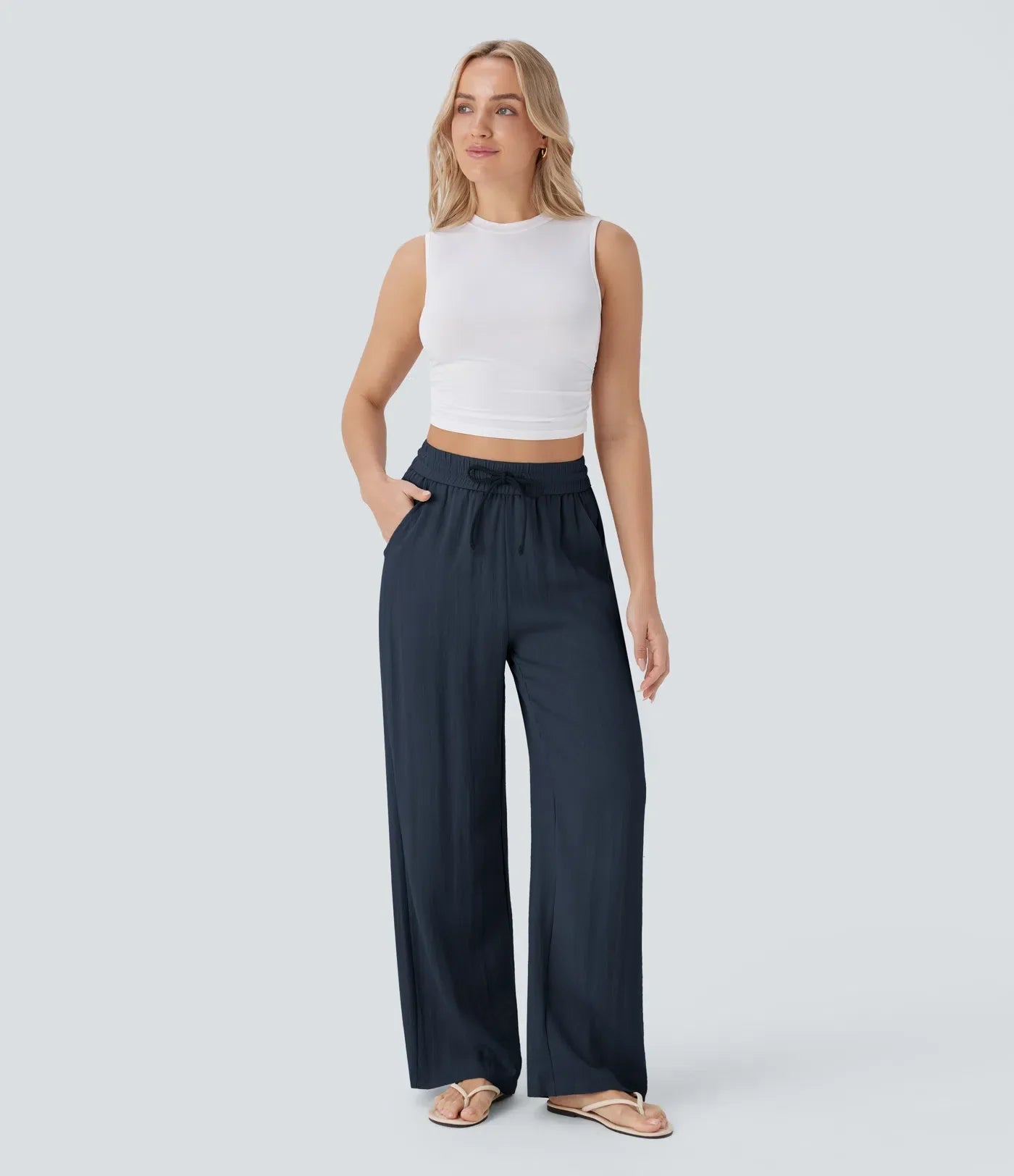 High Waisted Drawstring Pocket Wide Leg Casual Linen-Feel Trousers