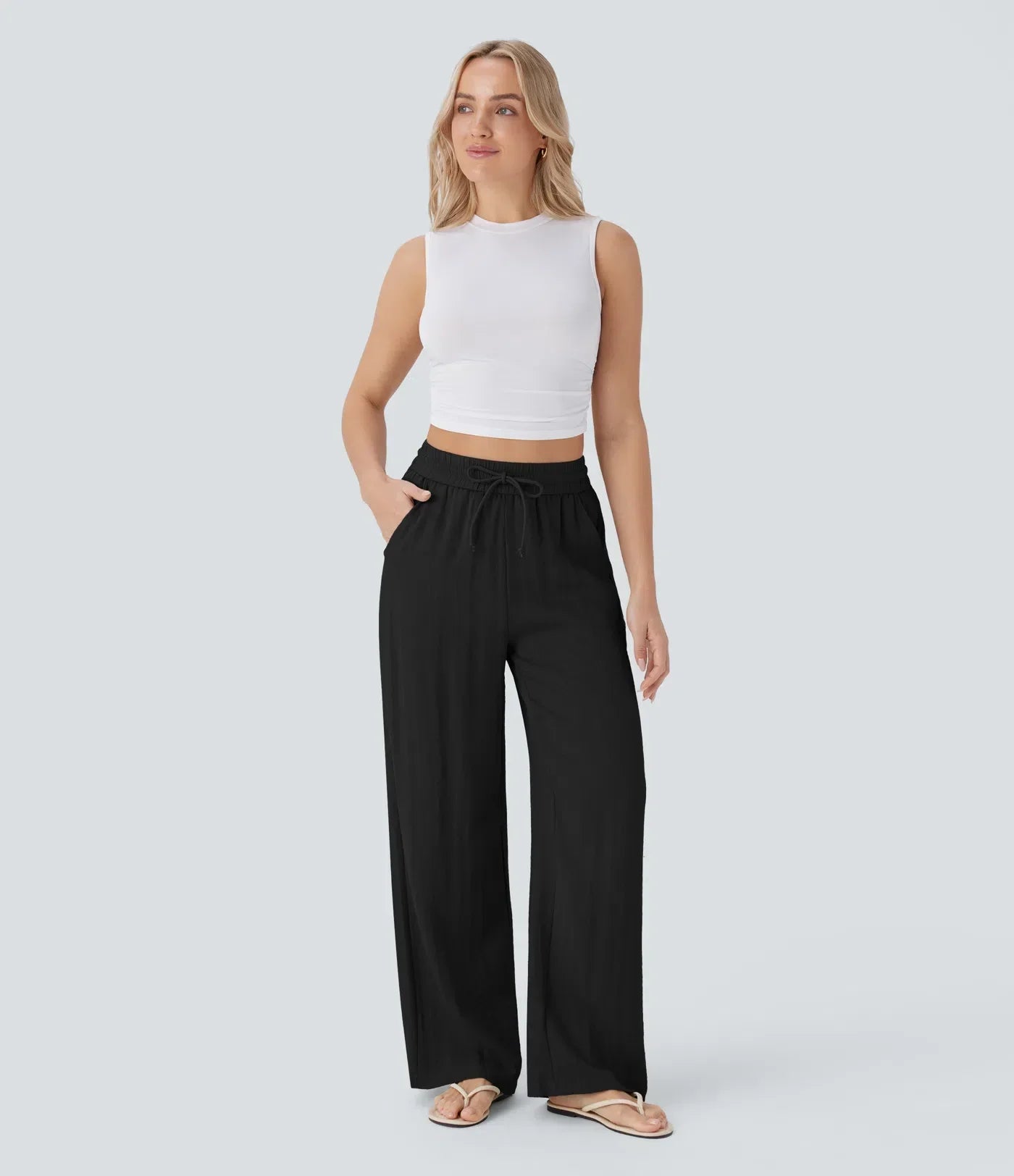 High Waisted Drawstring Pocket Wide Leg Casual Linen-Feel Trousers