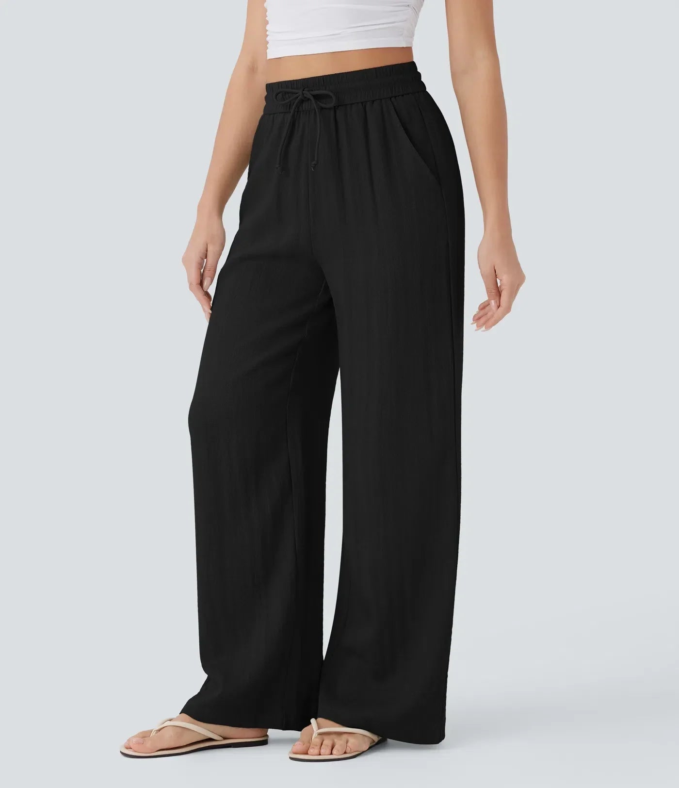 High Waisted Drawstring Pocket Wide Leg Casual Linen-Feel Trousers