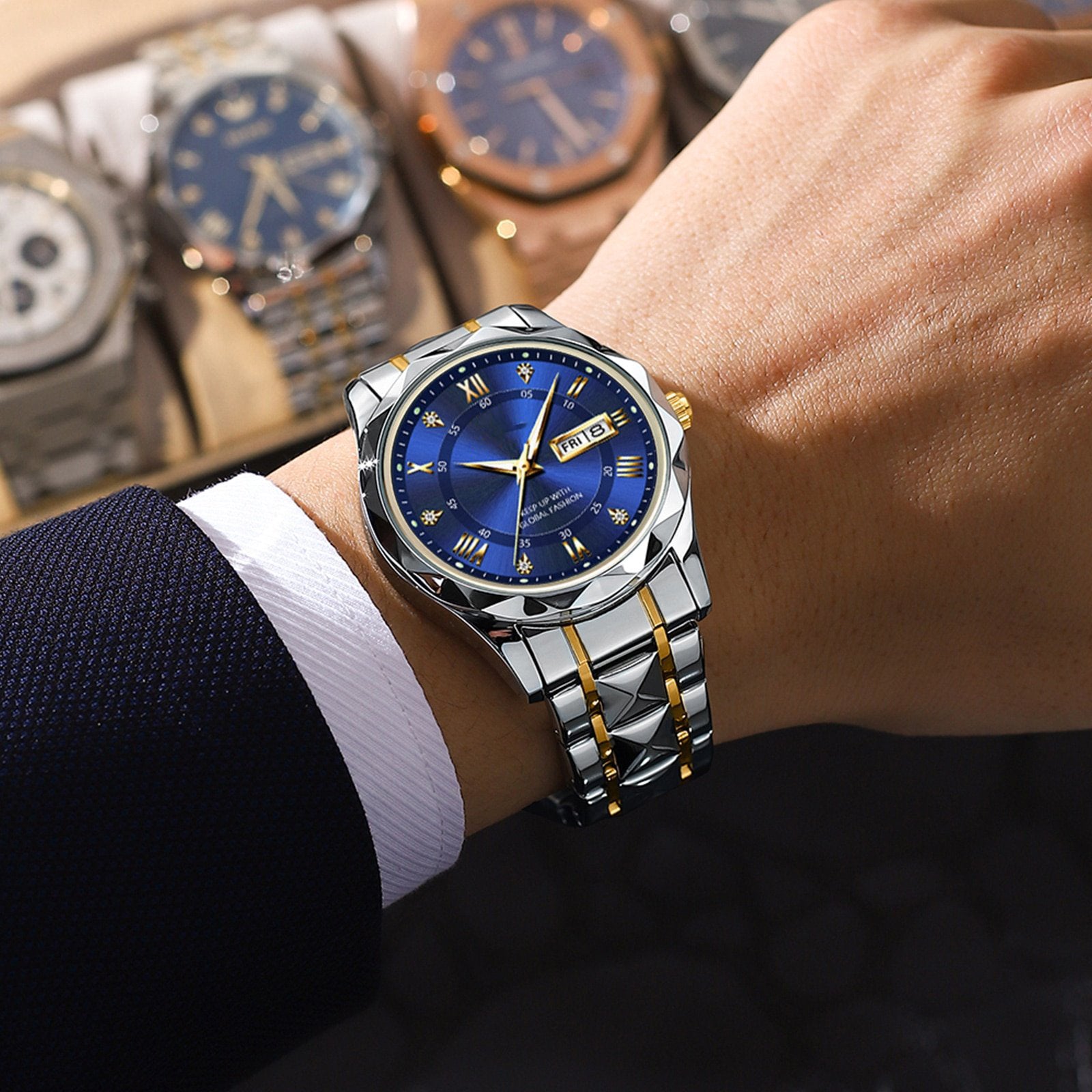 Reloj de hombre de cuarzo bicolor de acero inoxidable luminoso resistente al agua