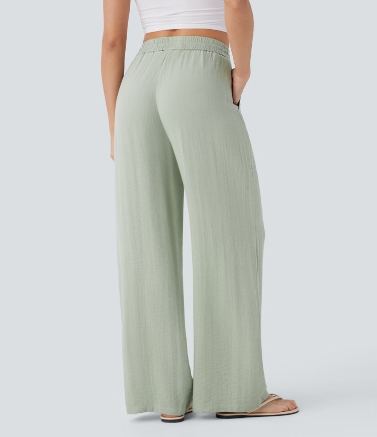 High Waisted Drawstring Pocket Wide Leg Casual Linen-Feel Trousers