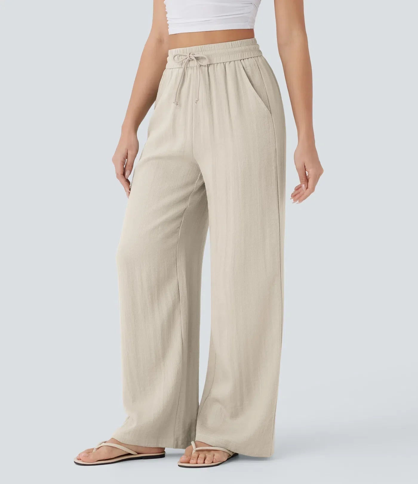 High Waisted Drawstring Pocket Wide Leg Casual Linen-Feel Trousers